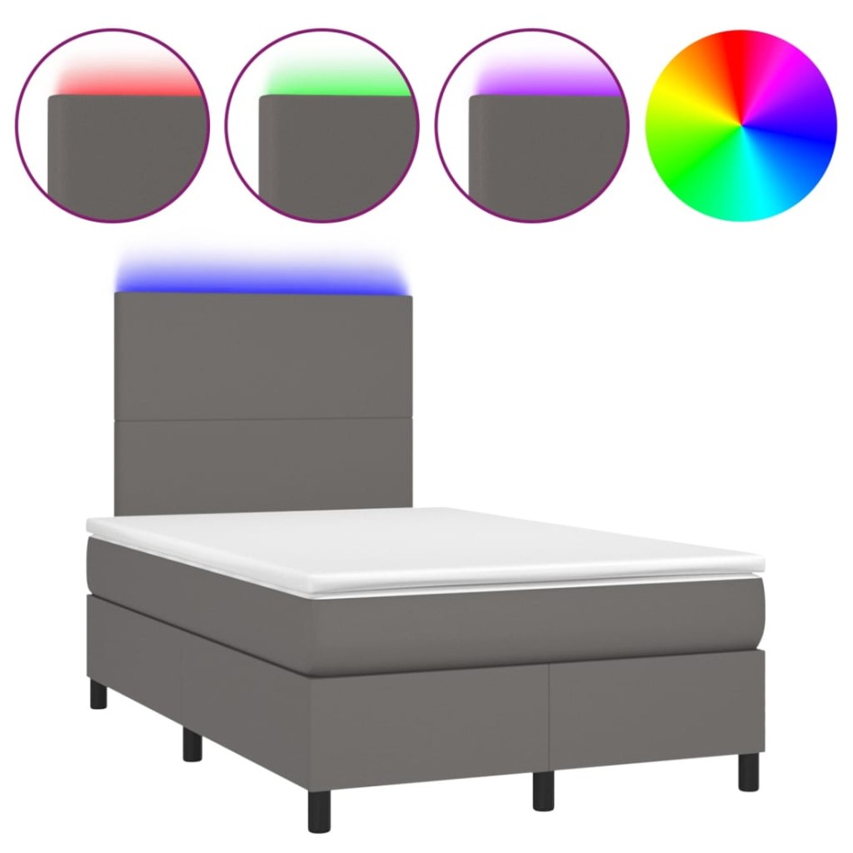 Cama box spring colchón y LED cuero sintético gris 120x200