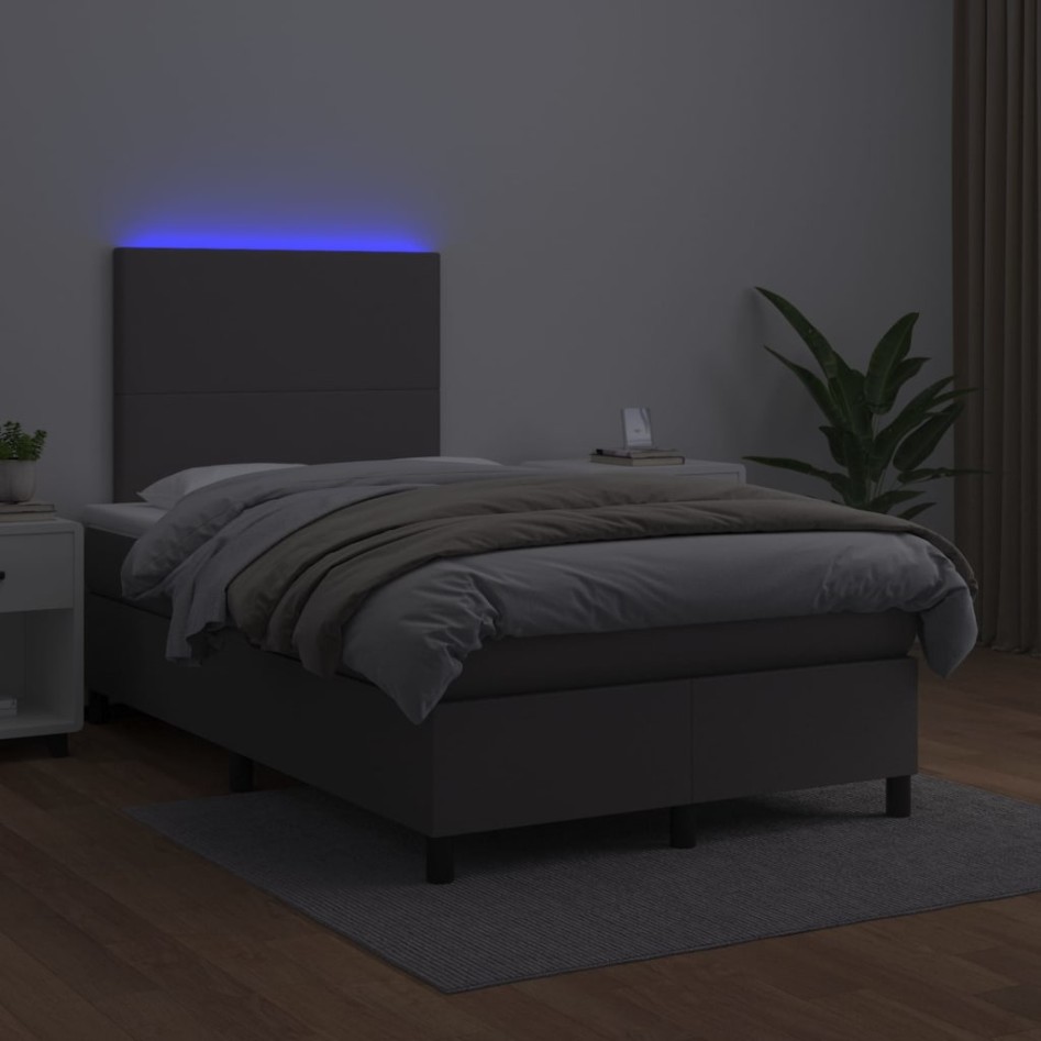 Cama box spring colchón y LED cuero sintético gris 120x200
