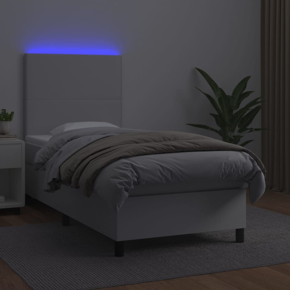 Cama box spring colchón y LED cuero sintético blanco 100x200