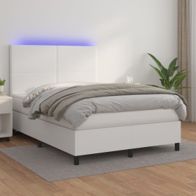 Cama box spring colchón y LED cuero sintético blanco 140x190