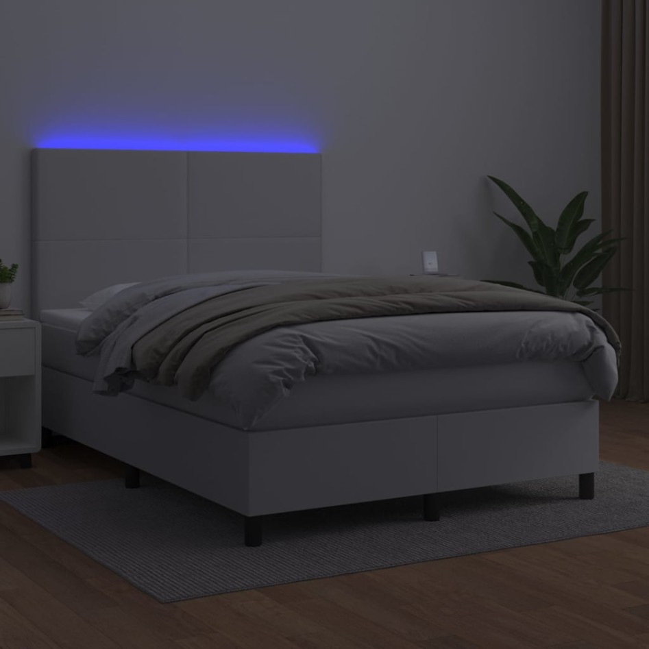 Cama box spring colchón y LED cuero sintético blanco 140x190