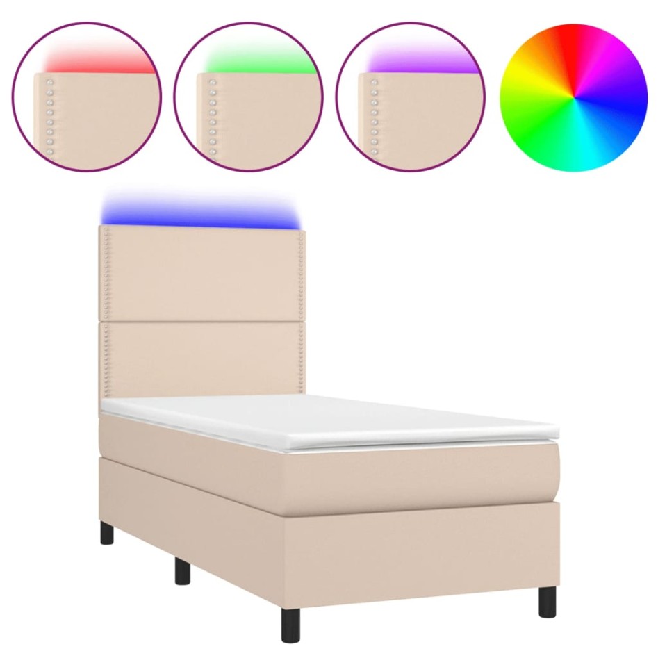 Cama box spring colchón LED cuero sintético capuchino 90x190