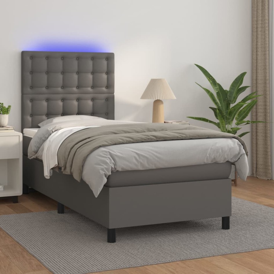 Cama box spring colchón y LED cuero sintético gris 100x200