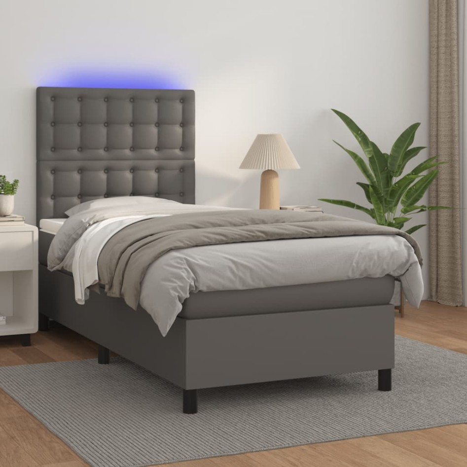 Cama box spring y colchón LED cuero sintético gris 90x200