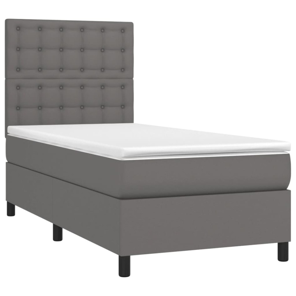 Cama box spring y colchón LED cuero sintético gris 90x200