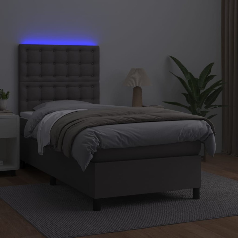 Cama box spring y colchón LED cuero sintético gris 90x200