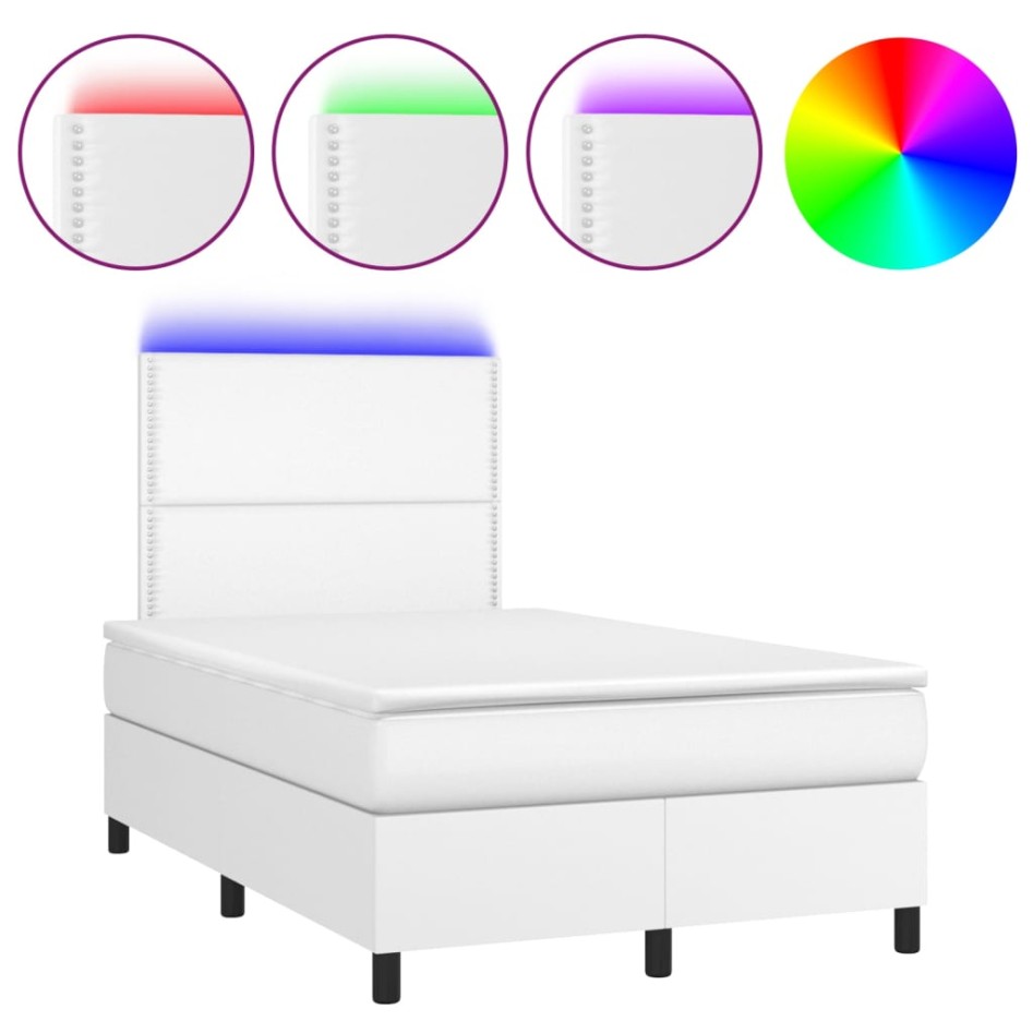Cama box spring colchón y LED cuero sintético blanco 120x200