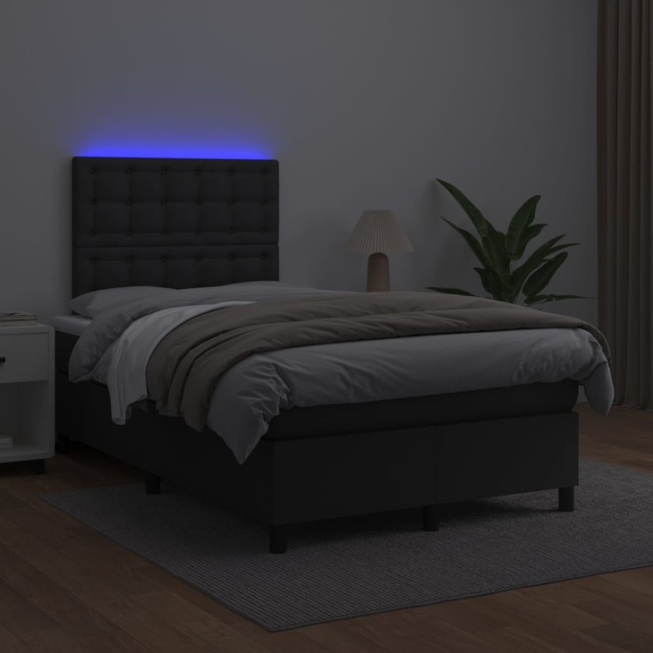 Cama box spring colchón y LED cuero sintético negro 120x200