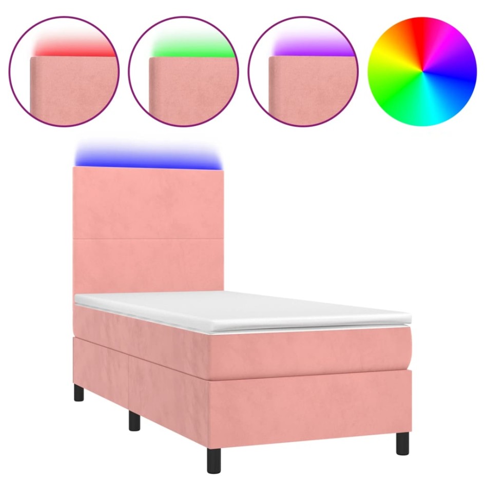 Cama box spring colchón y LED terciopelo rosa 90x200