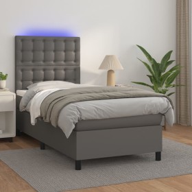 Cama box spring y colchón LED cuero sintético gris 90x190