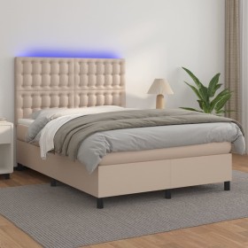 Cama box spring colchón LED cuero sintético capuchino