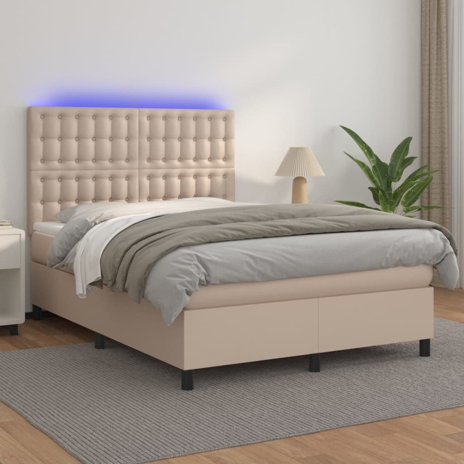 Cama box spring colchón LED cuero sintético capuchino