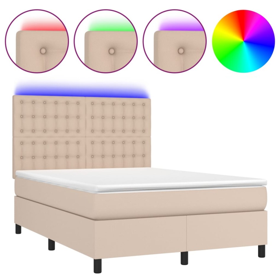 Cama box spring colchón LED cuero sintético capuchino