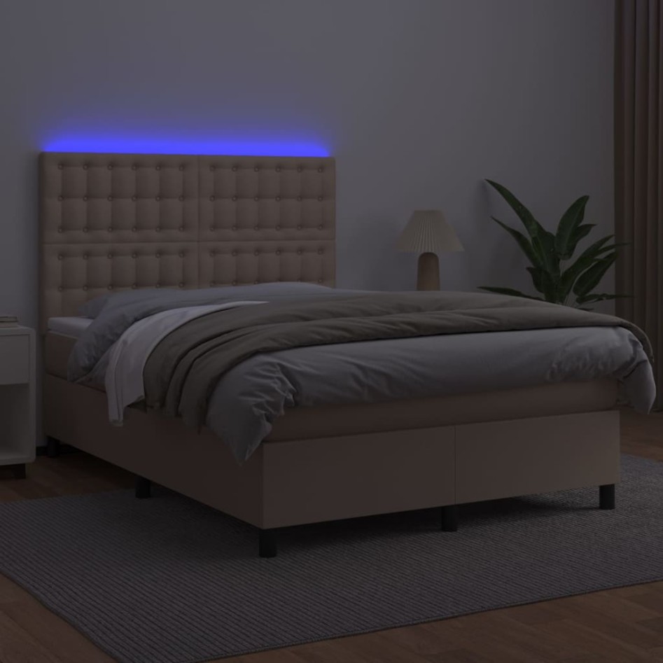 Cama box spring colchón LED cuero sintético capuchino