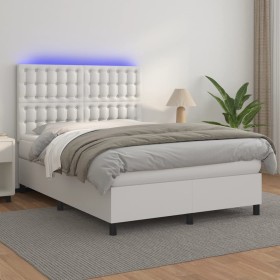 Cama box spring colchón y LED cuero sintético blanco 140x200