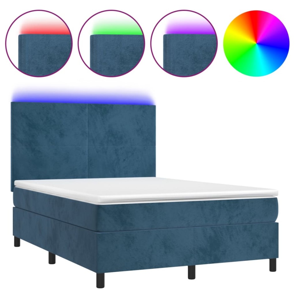 Cama box spring colchón y LED terciopelo azul oscuro 140x200