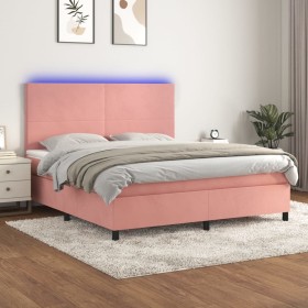 Cama box spring colchón y LED terciopelo rosa 160x200
