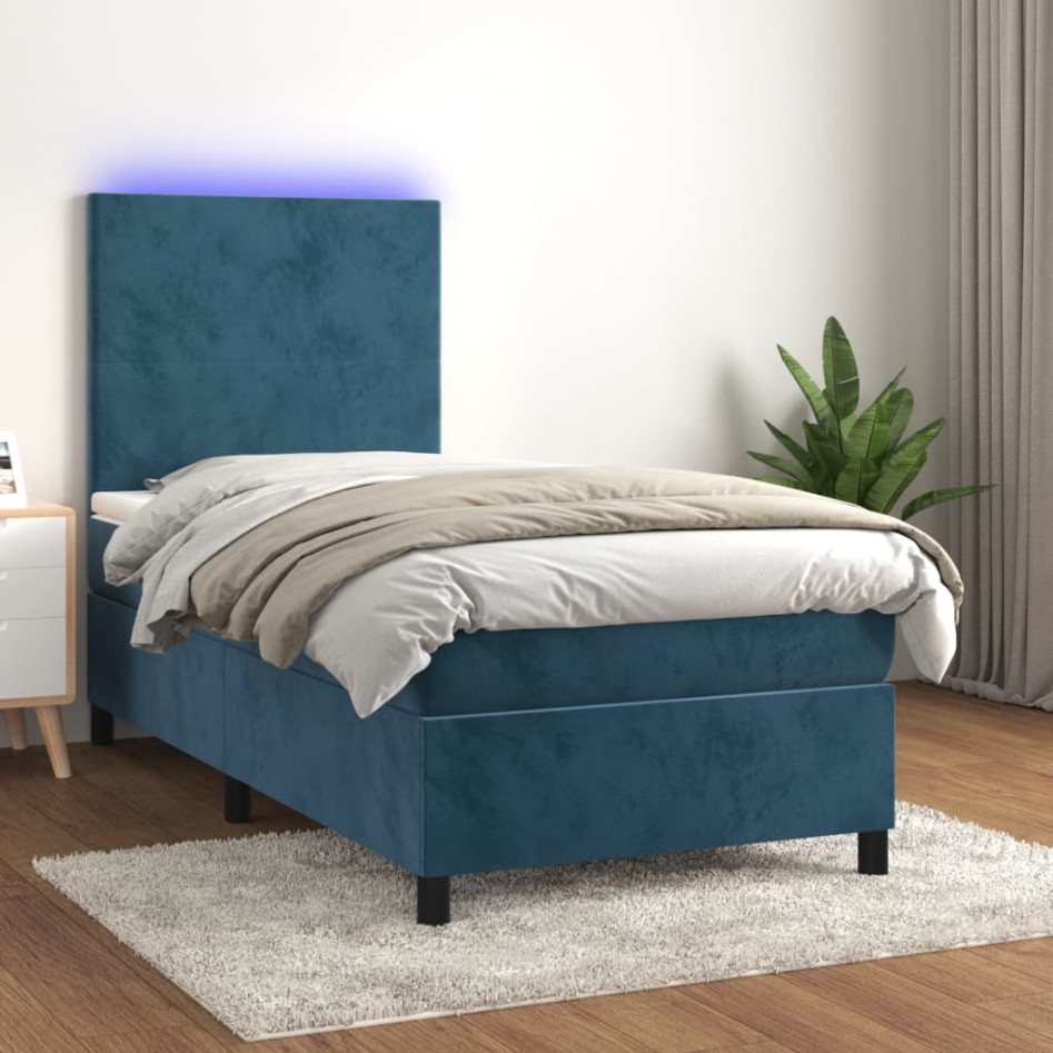 Cama box spring colchón y LED terciopelo azul oscuro 80x200