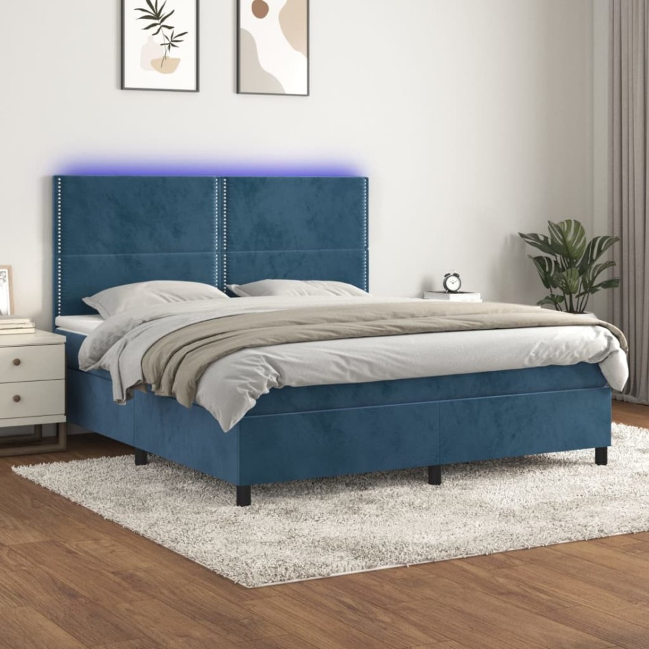 Cama box spring colchón y LED terciopelo azul oscuro 160x200