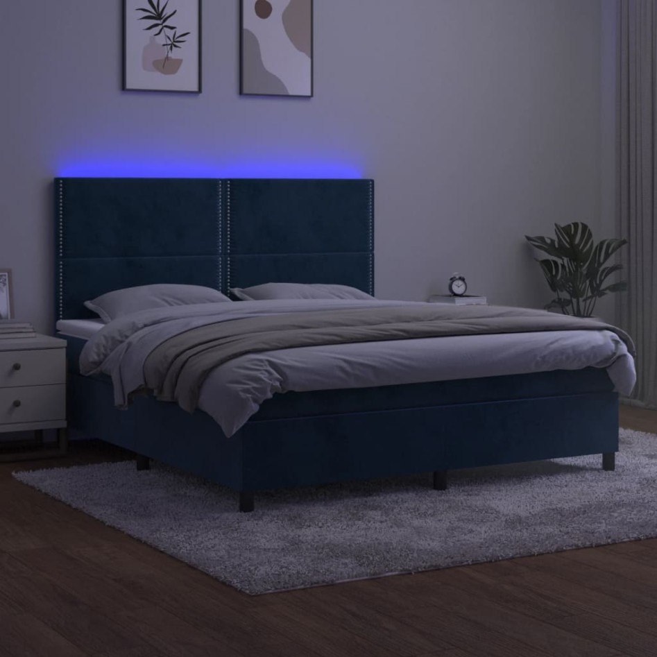 Cama box spring colchón y LED terciopelo azul oscuro 160x200