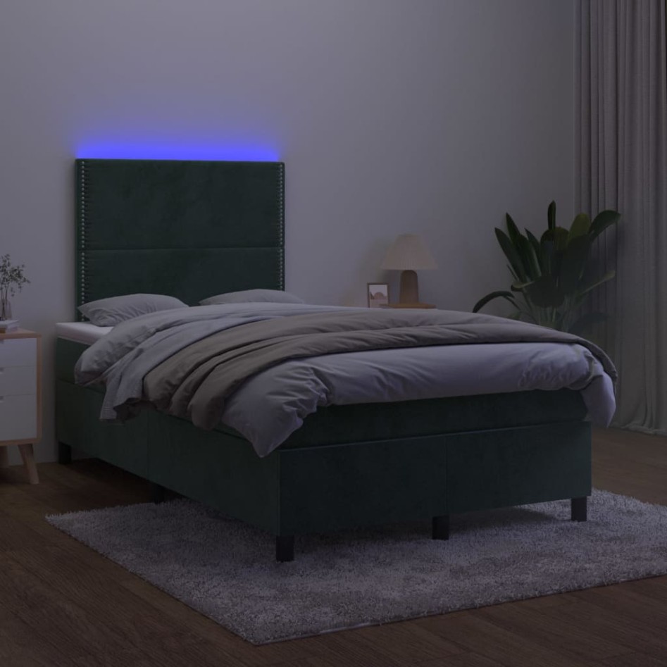 Cama box spring colchón y LED terciopelo verde oscuro