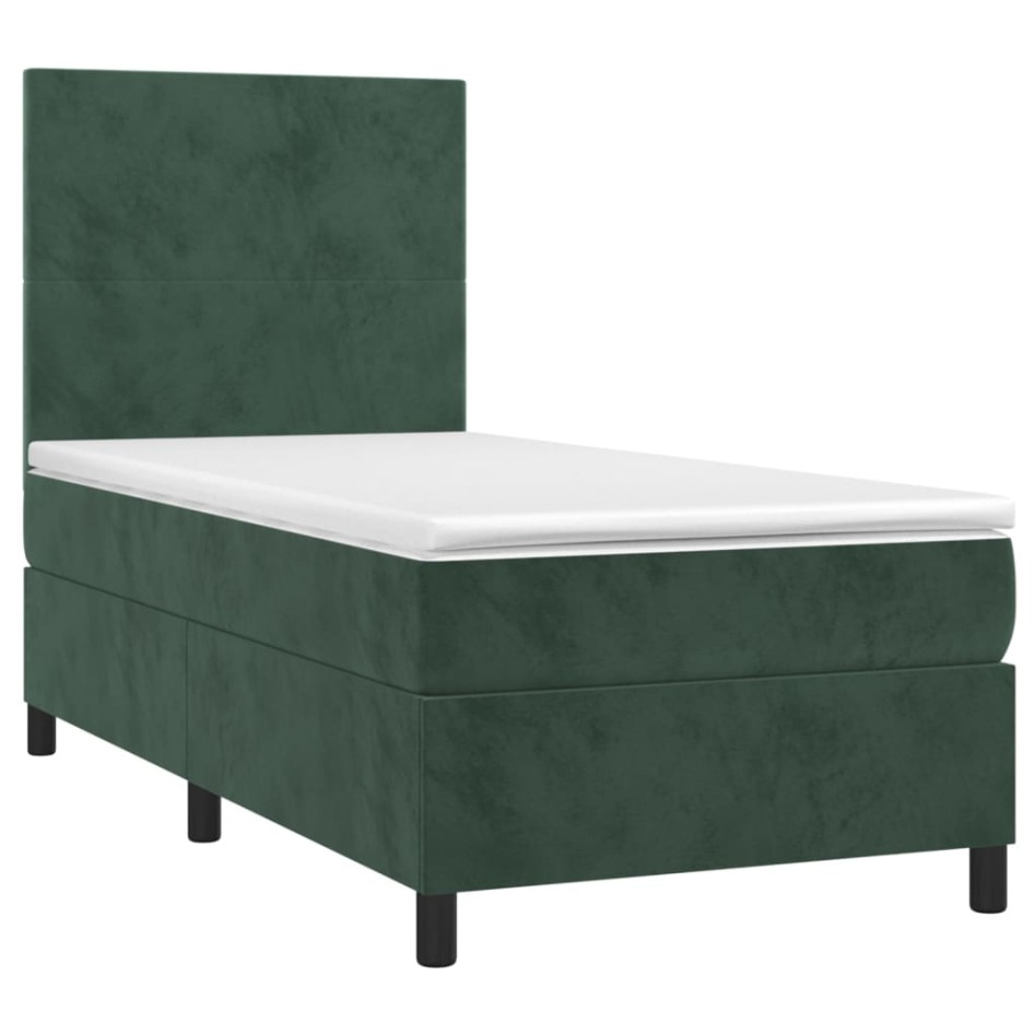 Cama box spring colchón y LED terciopelo verde oscuro 90x200