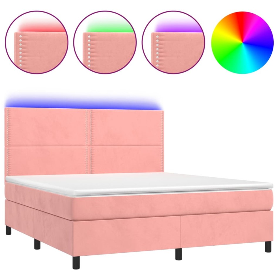 Cama box spring colchón y LED terciopelo rosa 180x200