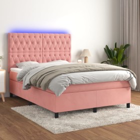 Cama box spring colchón y LED terciopelo rosa 140x190
