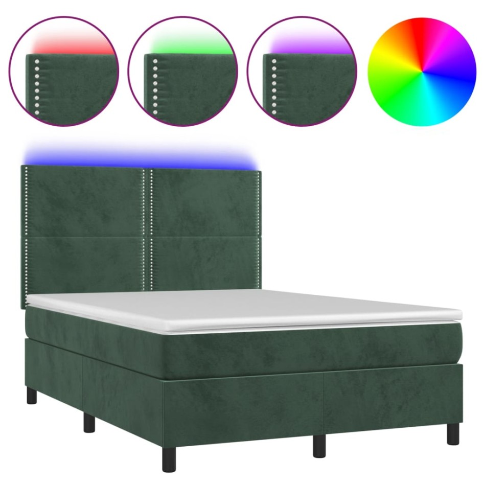 Cama box spring colchón y LED terciopelo verde oscuro