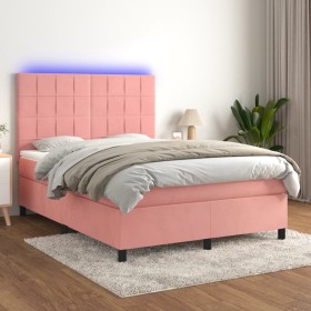 Cama box spring colchón y LED terciopelo rosa 140x200