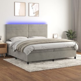 Cama box spring colchón y LED terciopelo gris claro 200x200