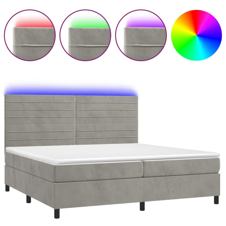 Cama box spring colchón y LED terciopelo gris claro 200x200