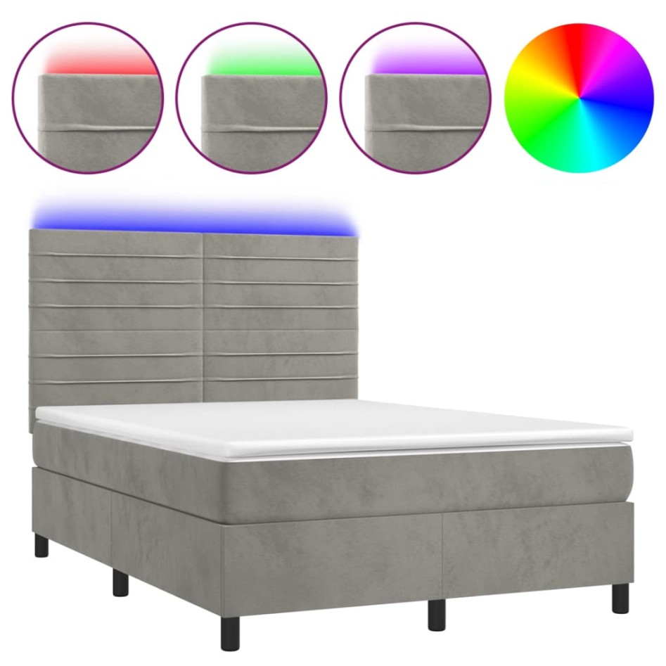 Cama box spring colchón y LED terciopelo gris claro 140x200