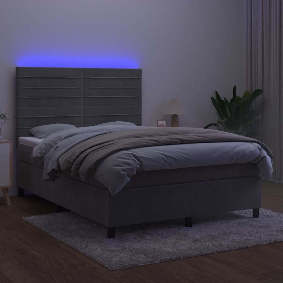 Cama box spring colchón y LED terciopelo gris claro 140x200