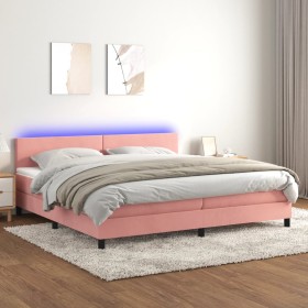 Cama box spring colchón y LED terciopelo rosa 200x200