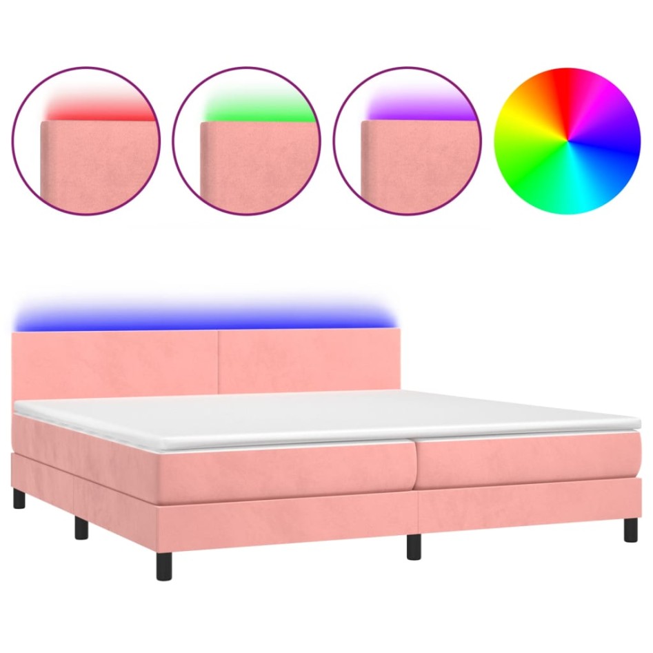 Cama box spring colchón y LED terciopelo rosa 200x200