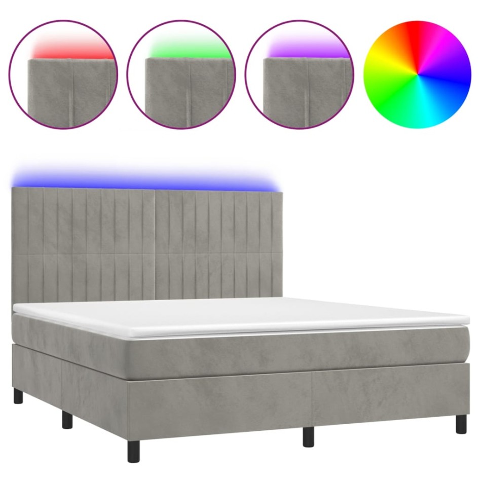 Cama box spring colchón y LED terciopelo gris claro 180x200