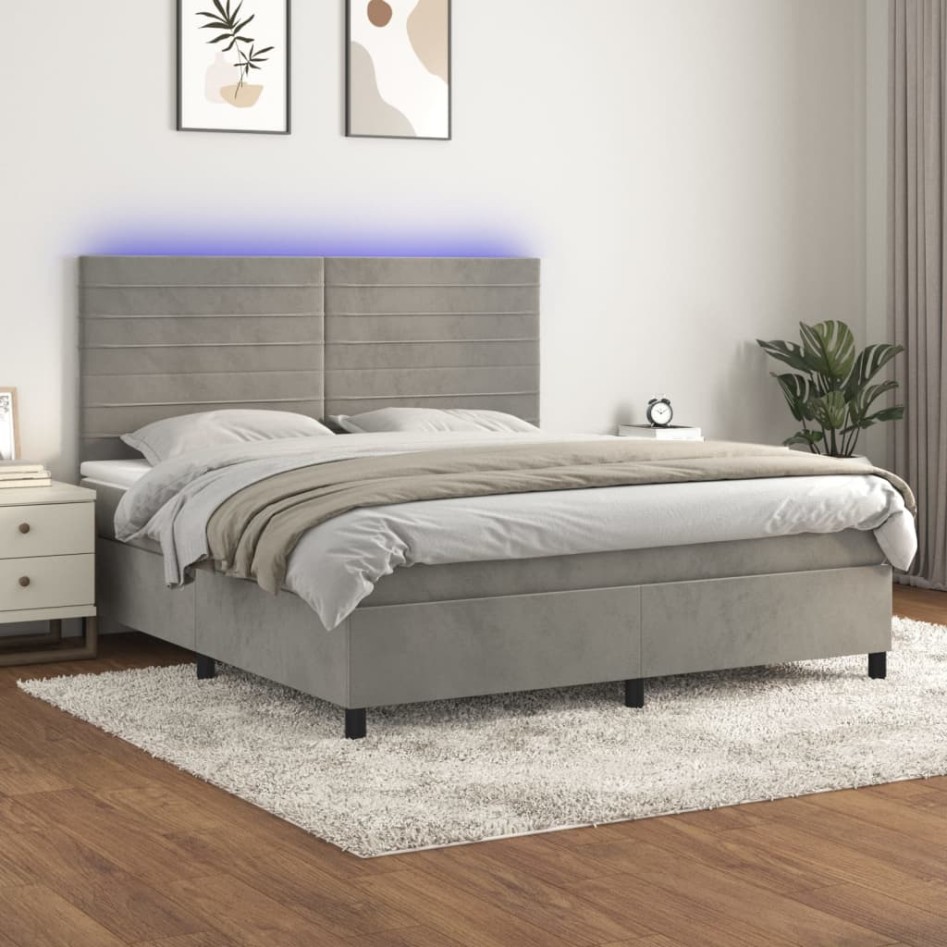 Cama box spring colchón y LED terciopelo gris claro 160x200