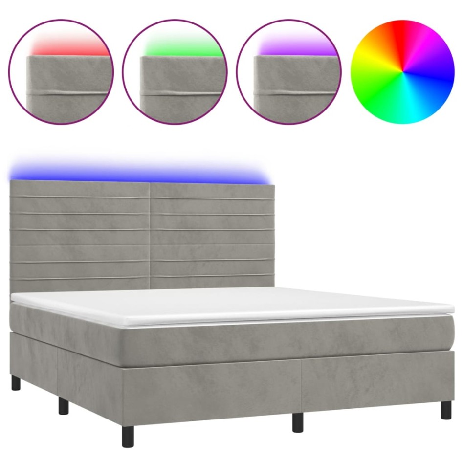 Cama box spring colchón y LED terciopelo gris claro 160x200