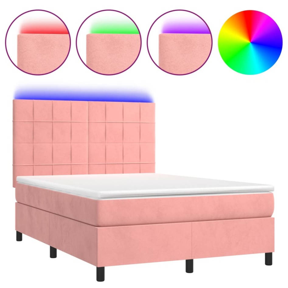 Cama box spring colchón y LED terciopelo rosa 140x190