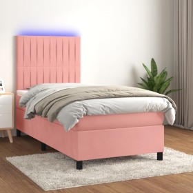 Cama box spring colchón y LED terciopelo rosa 90x190