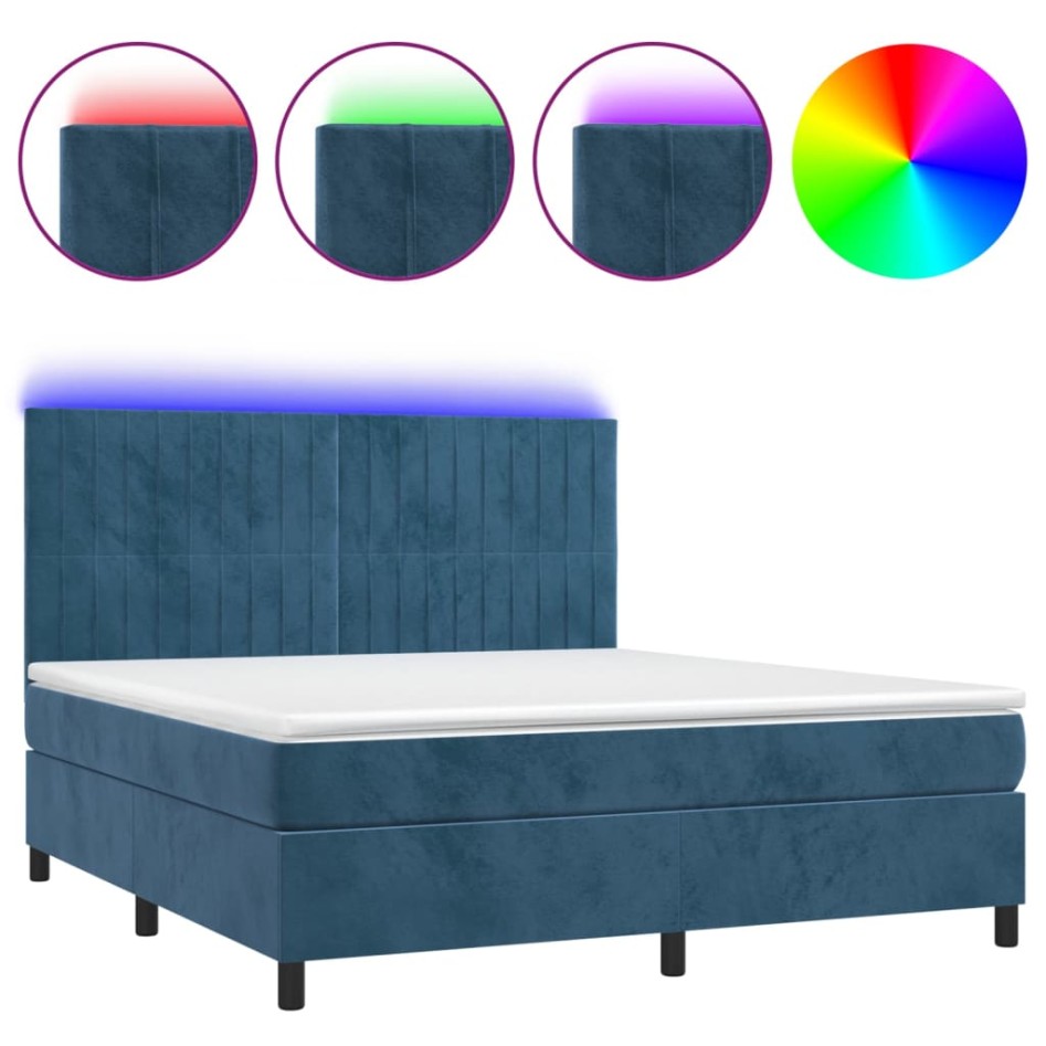 Cama box spring colchón y LED terciopelo azul oscuro 160x200