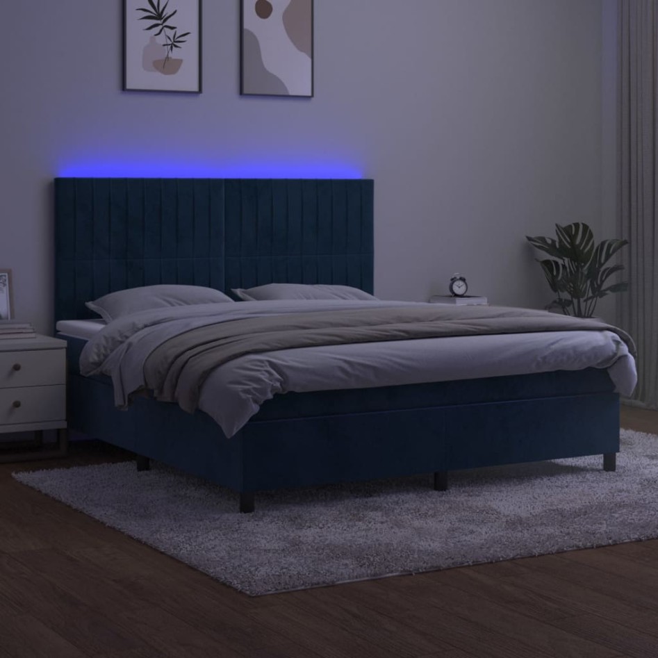 Cama box spring colchón y LED terciopelo azul oscuro 160x200