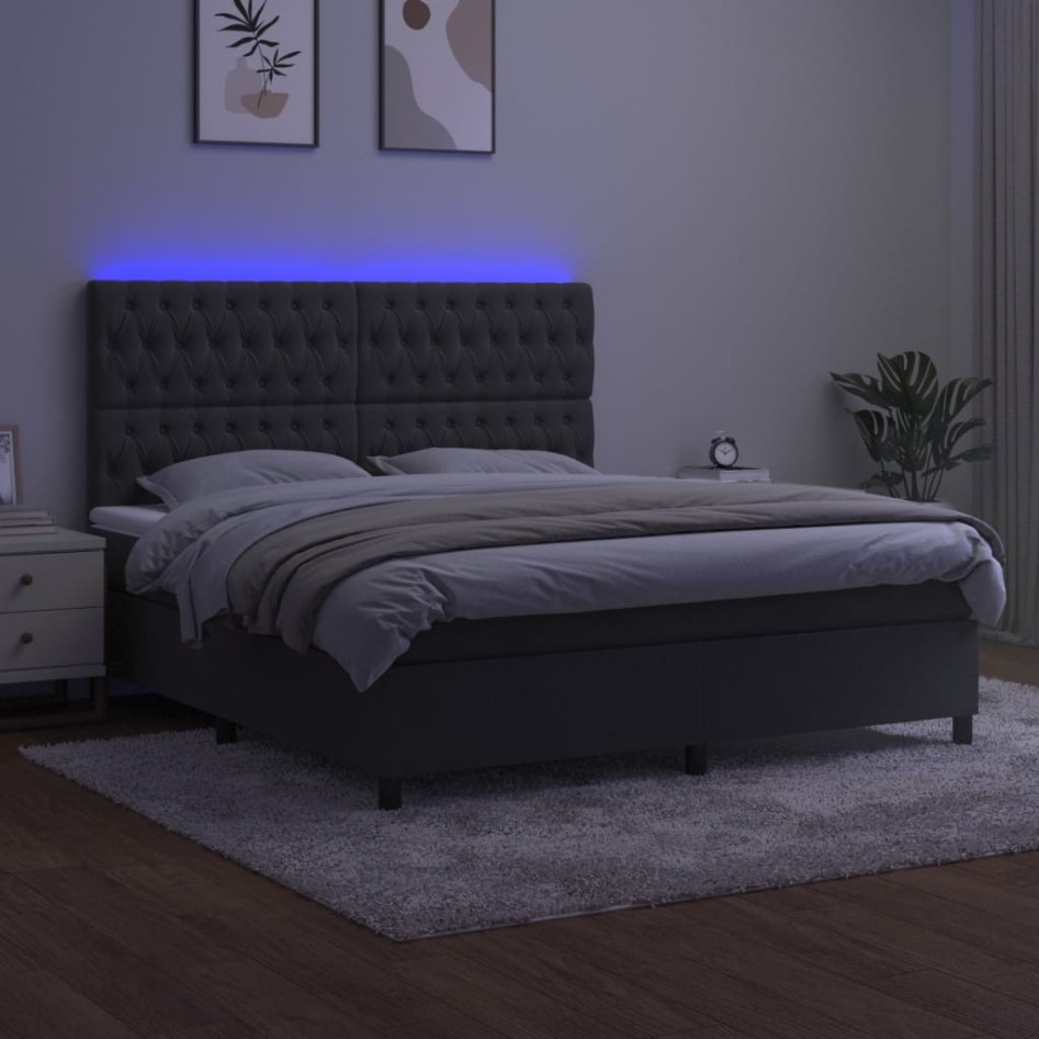 Cama box spring colchón y LED terciopelo gris oscuro 160x200