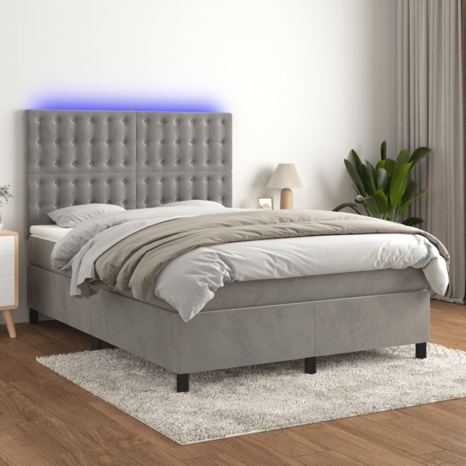 Cama box spring colchón y LED terciopelo gris claro 140x190