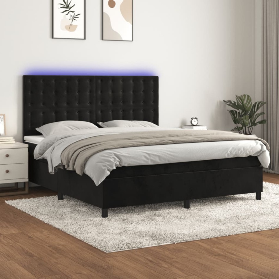 Cama box spring colchón y LED terciopelo negro 160x200