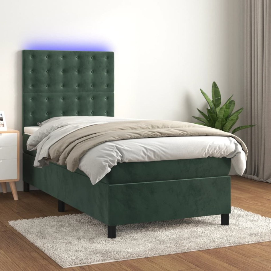Cama box spring colchón y LED terciopelo verde oscuro