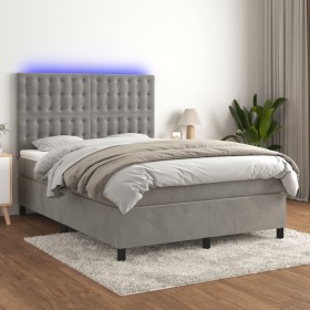 Cama box spring colchón y LED terciopelo gris claro 140x200