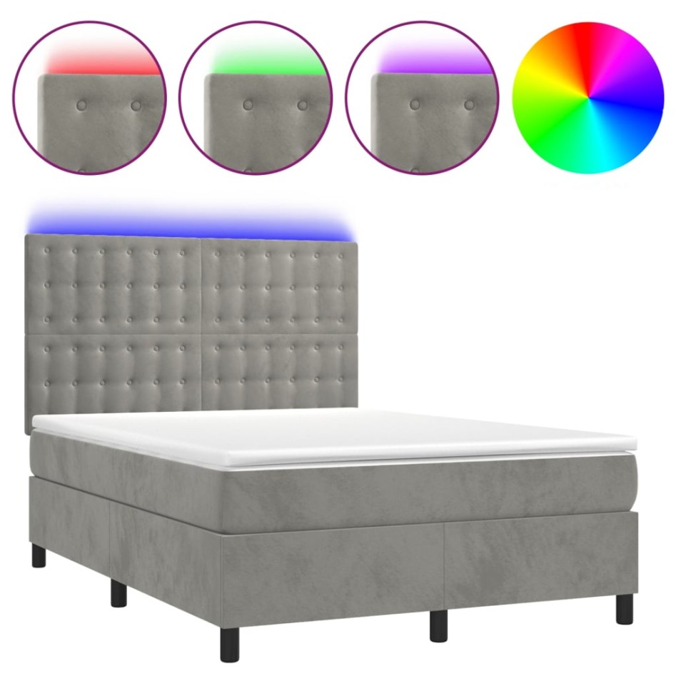 Cama box spring colchón y LED terciopelo gris claro 140x200