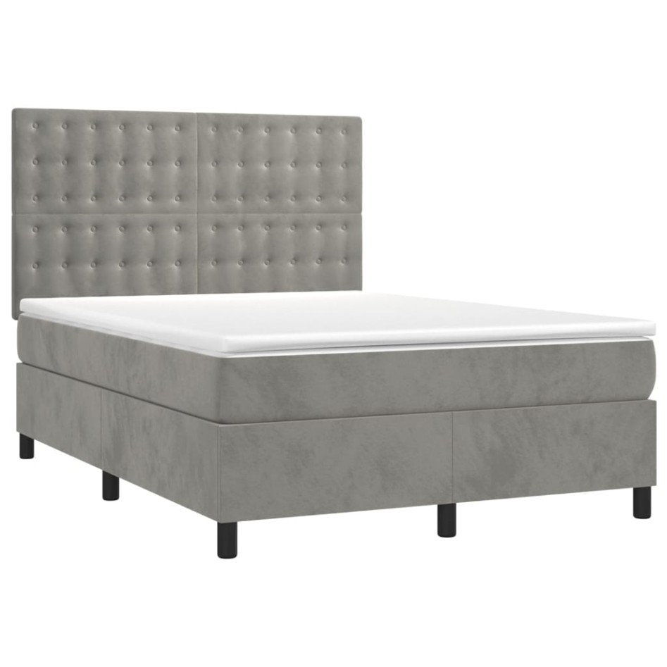 Cama box spring colchón y LED terciopelo gris claro 140x200